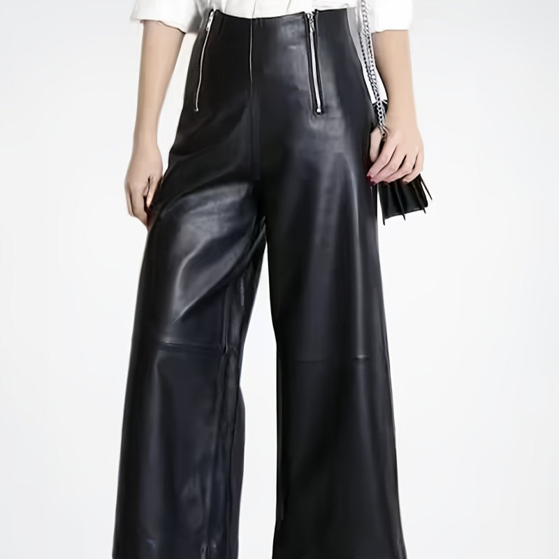 Solid-color Leather-patchwork Wide-leg Pants