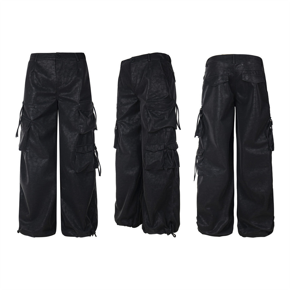 American Style Hip Hop Multi-pocket Workwear Leather Pants Men And Women