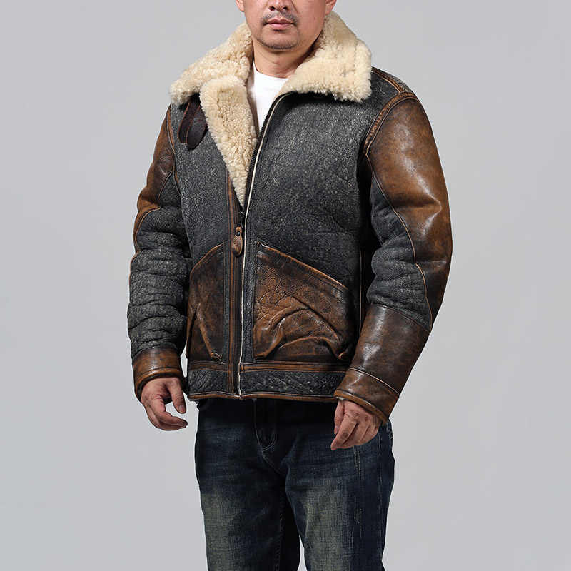 Men's Color Matching Sheepskin Leather Lapel Coat