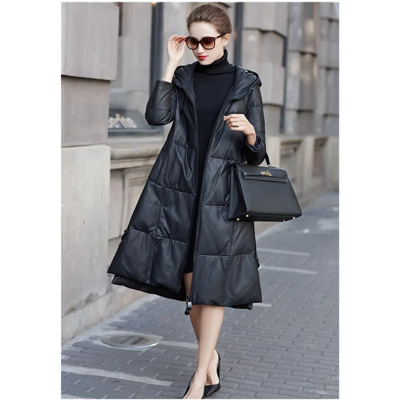 Women's Leather Coat, Hooded, Medium Length, Genuine Sheepskin, Thick Coat, Leather Outerwear, Casual Trench, Autumn, Winter