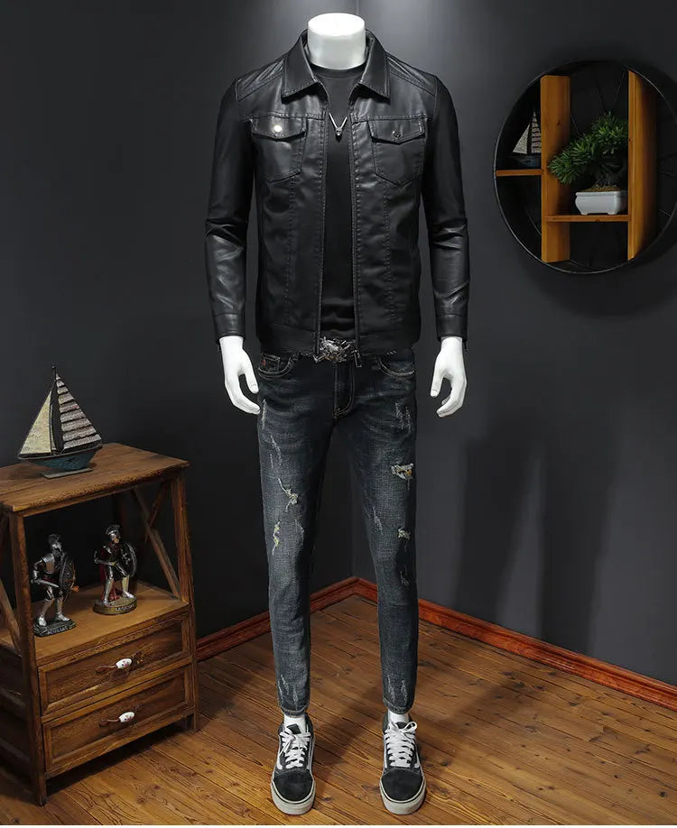 Men's Lapel Leather Jacket Autumn