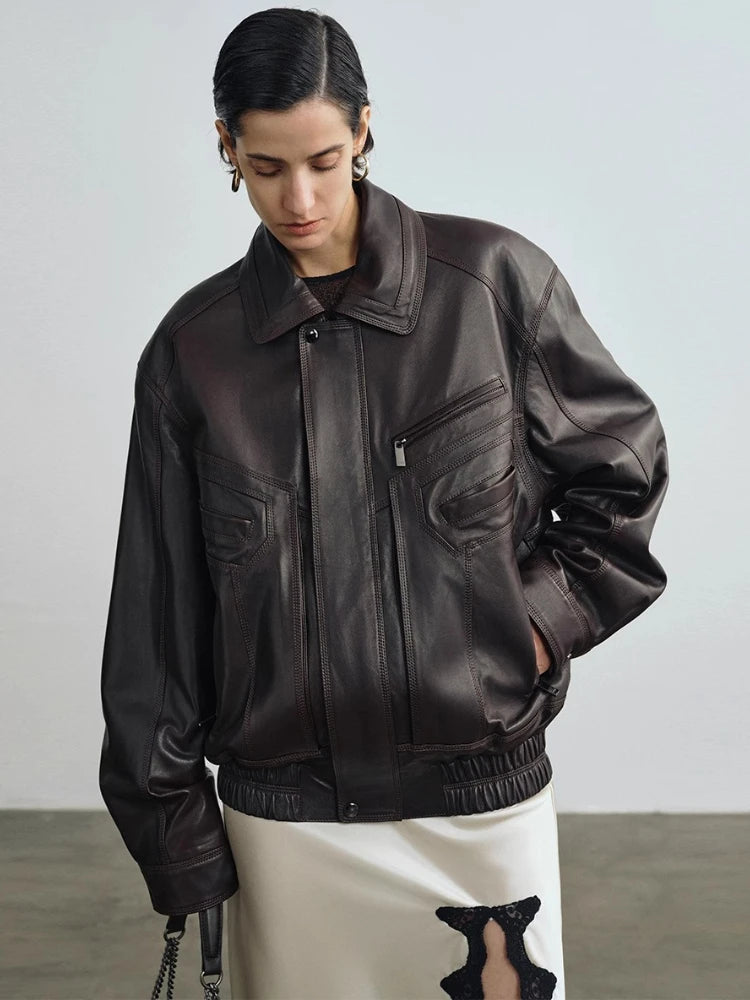 Vintage Genuine Leather Motorcycle Jackets for Women Spring Autumn 2026 New High-end Solid Simple Loose Soft Real Sheepskin Coat