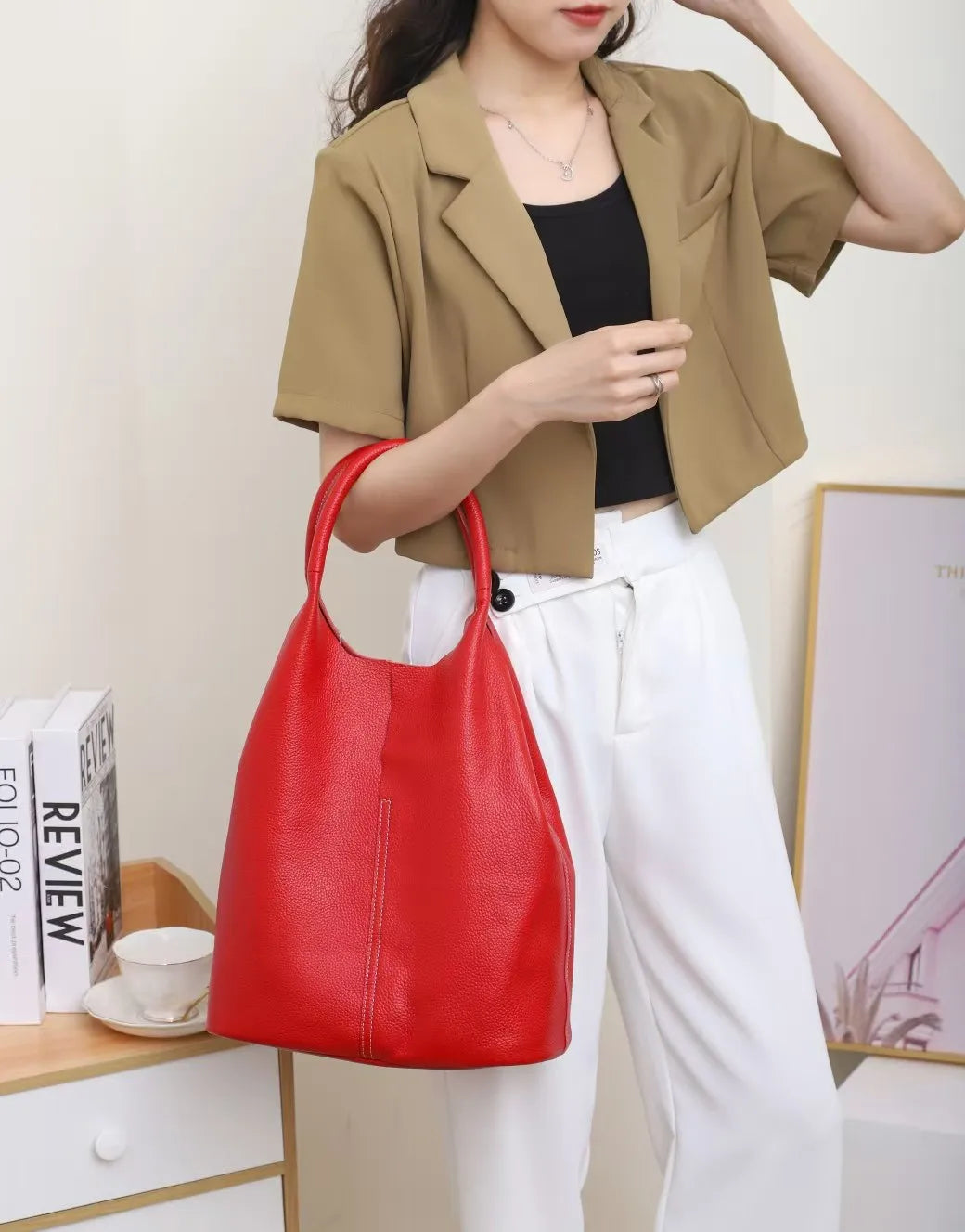 Ladies Soft Cowhide Tote Shoulder Handbag