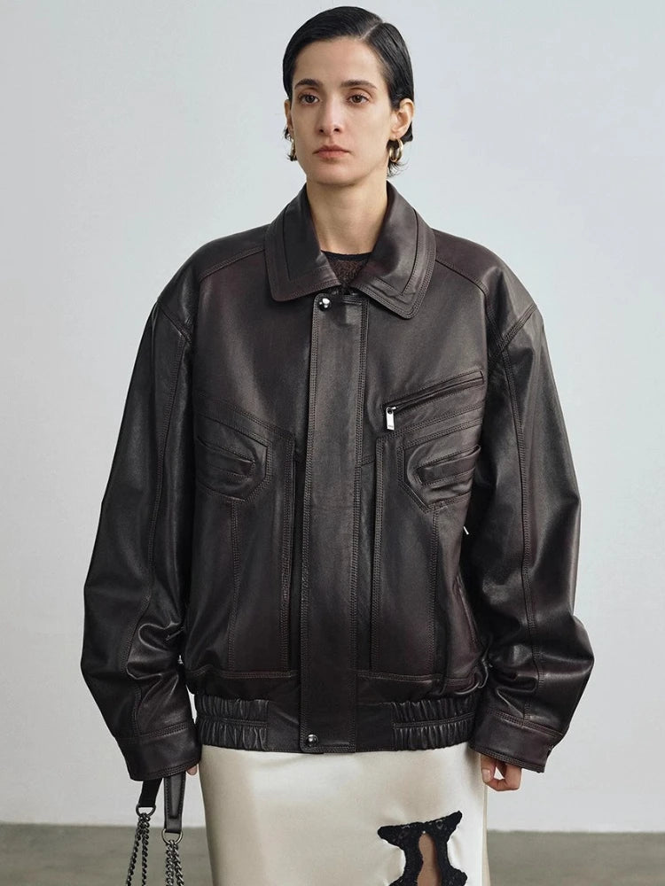 Vintage Genuine Leather Motorcycle Jackets for Women Spring Autumn 2026 New High-end Solid Simple Loose Soft Real Sheepskin Coat