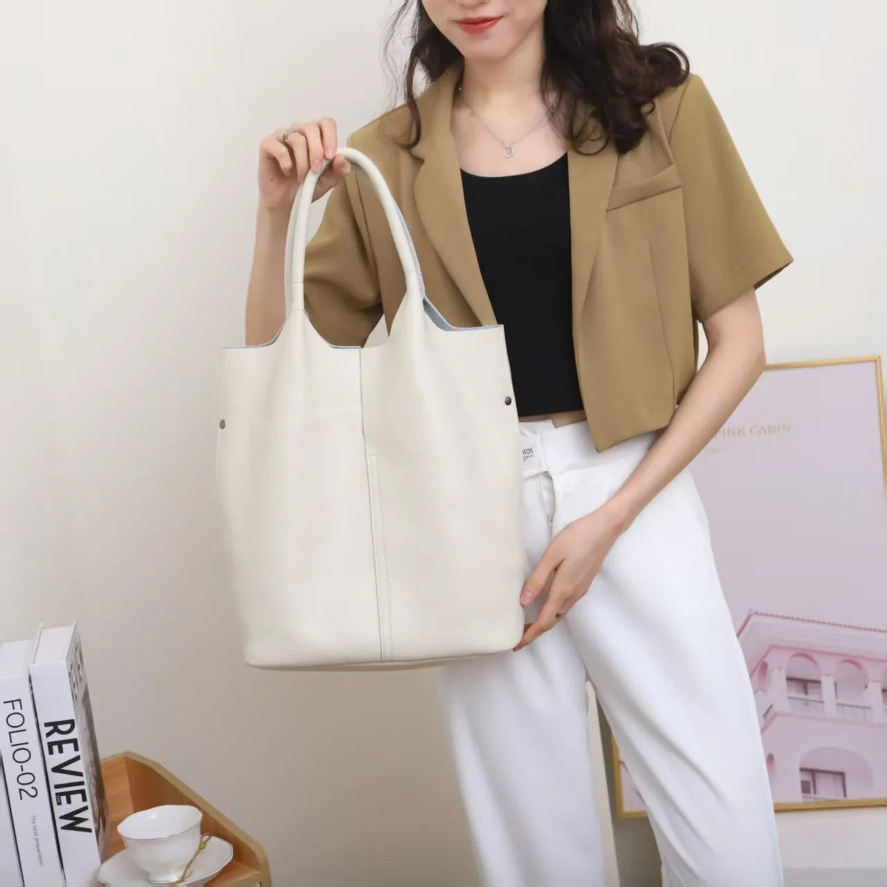 Ladies Soft Cowhide Tote Shoulder Handbag