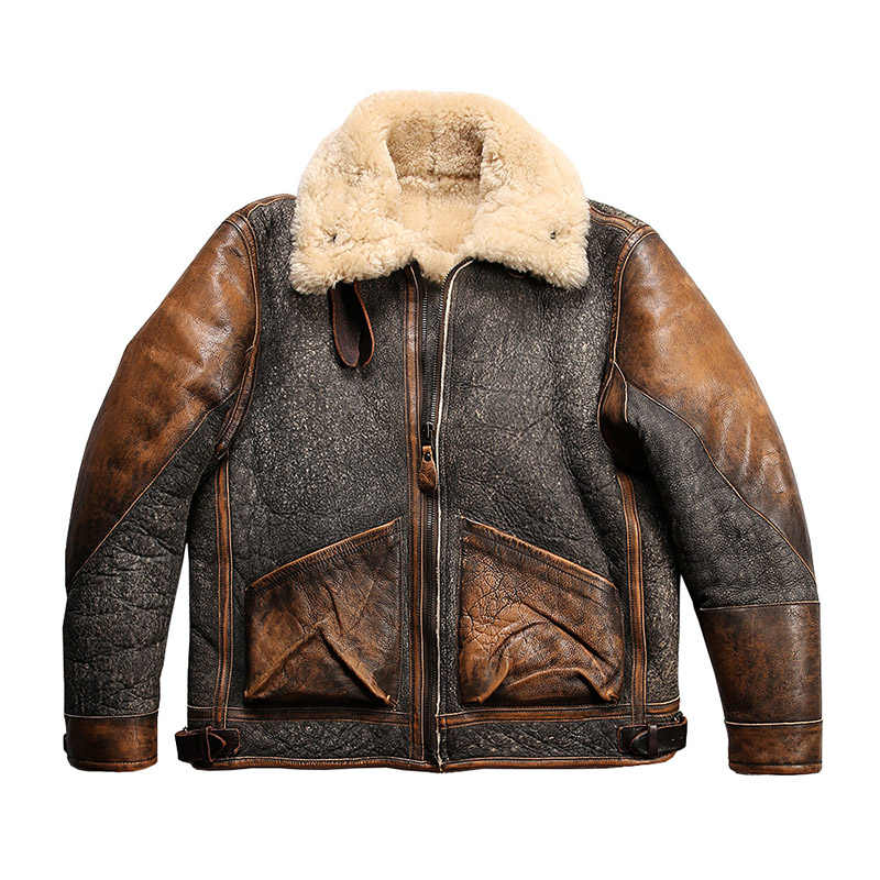Men's Color Matching Sheepskin Leather Lapel Coat