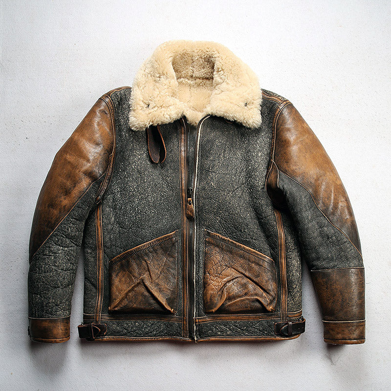 Men's Color Matching Sheepskin Leather Lapel Coat